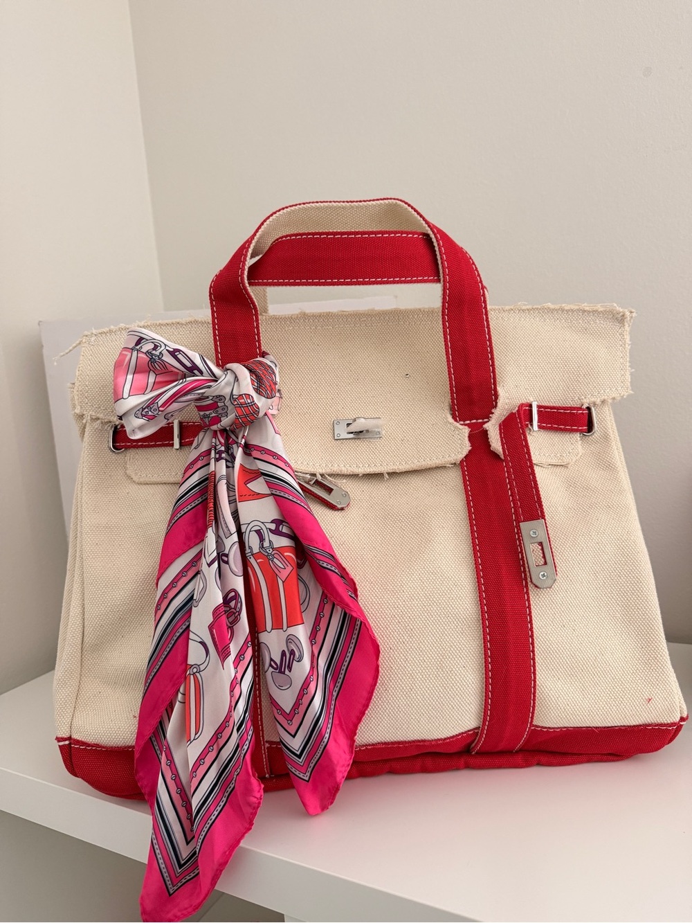 Large Sunwin Cream Canvas Tote with Red Trim - Structured Women's Handbag